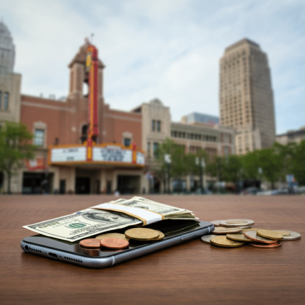  Smartphone with coins and bills on a table. Trade-in at WeFixAll.ca.