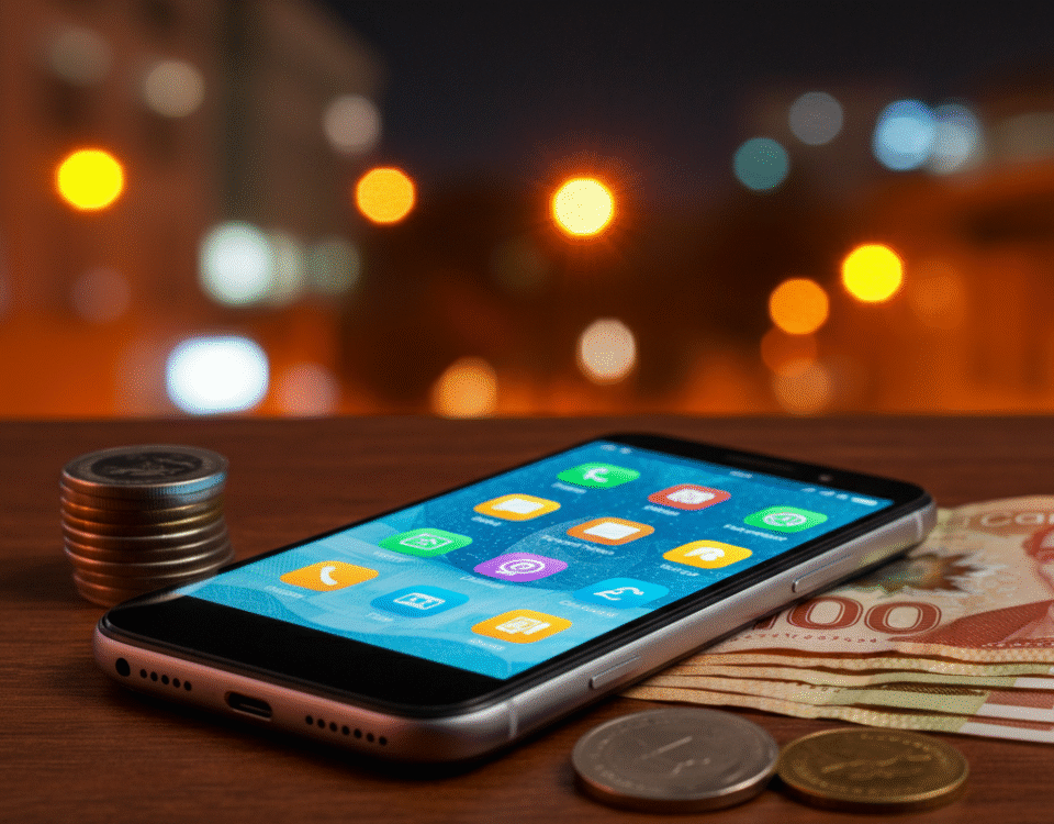 Sell your iPhone in Brampton with WeFixAll.ca. Smartphone with cash and city skyline.