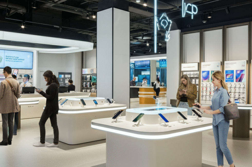 A bright and modern Apple Store interior with customers exploring iPhones, showcasing a clean and futuristic design. A Genius Bar is visible in the background.
