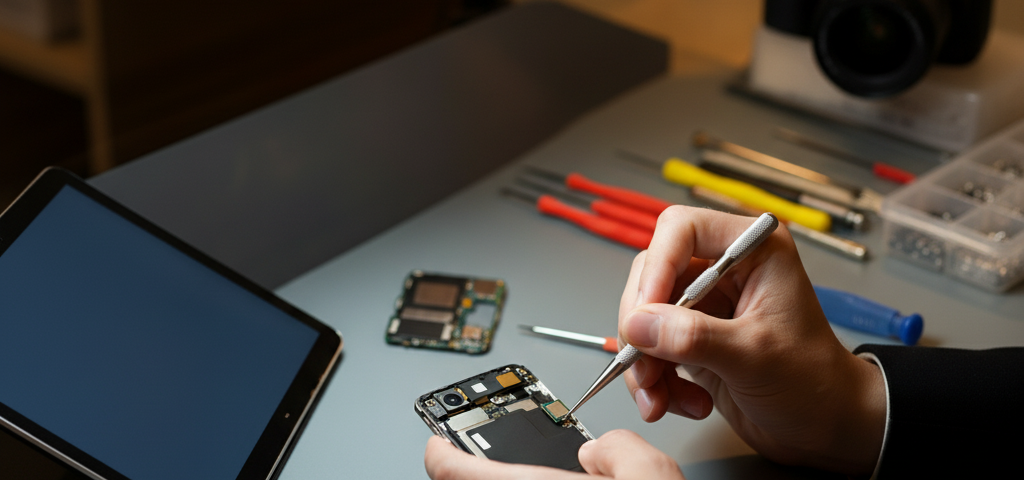Professional repair workspace with a technician fixing a smartphone camera, a tablet, and a DSLR camera on the workbench, emphasizing versatile camera repair services."