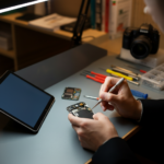 Professional repair workspace with a technician fixing a smartphone camera, a tablet, and a DSLR camera on the workbench, emphasizing versatile camera repair services."