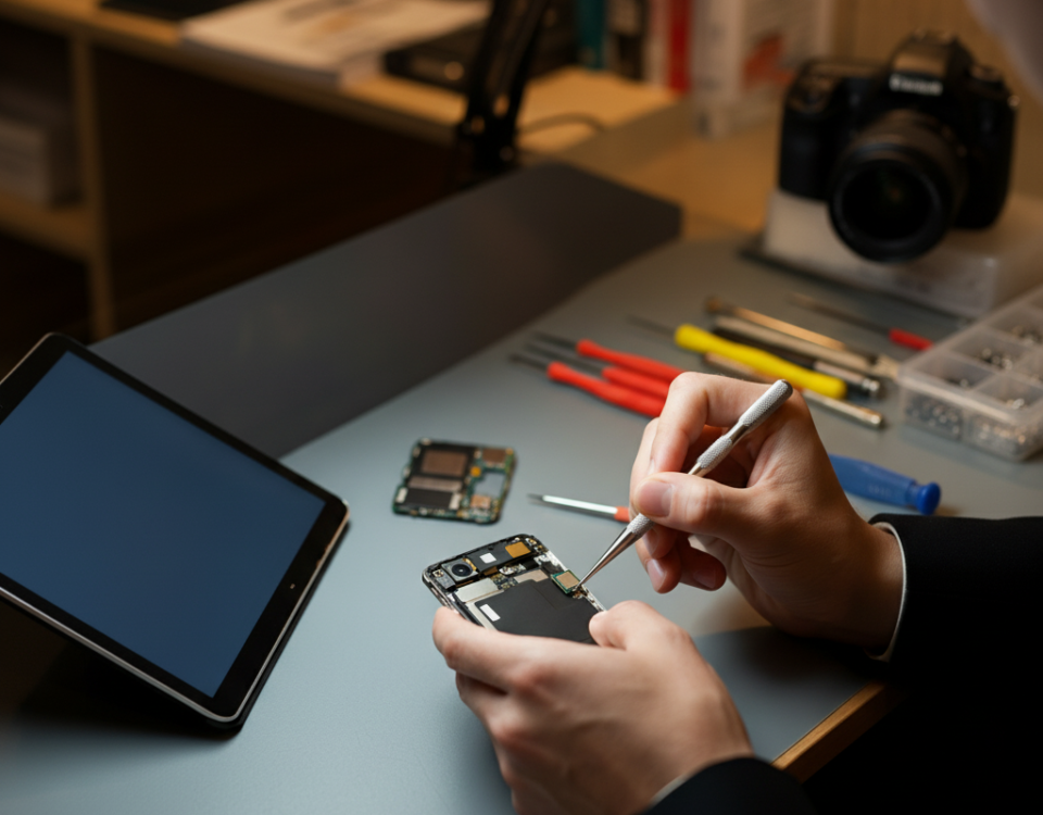 Professional repair workspace with a technician fixing a smartphone camera, a tablet, and a DSLR camera on the workbench, emphasizing versatile camera repair services."