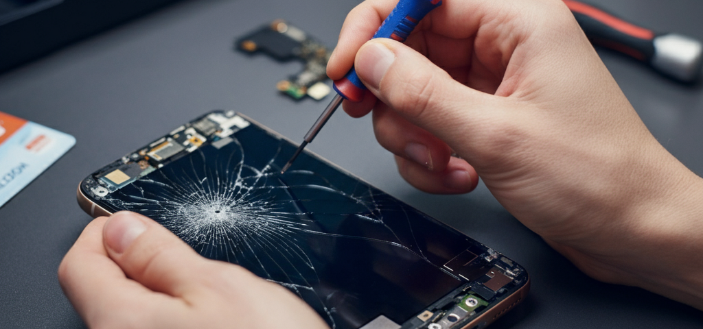Technician repairing a cracked smartphone screen with tools on a clean workbench, showcasing professional cell phone repair in Brampton.