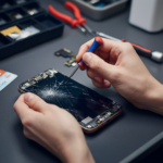 Technician repairing a cracked smartphone screen with tools on a clean workbench, showcasing professional cell phone repair in Brampton.
