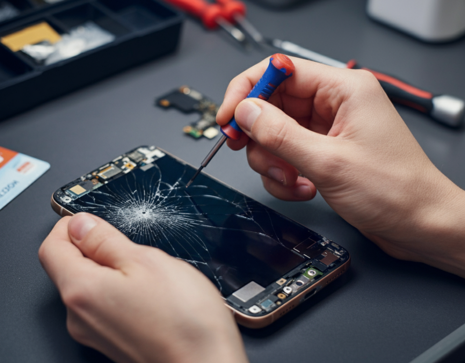 Technician repairing a cracked smartphone screen with tools on a clean workbench, showcasing professional cell phone repair in Brampton.