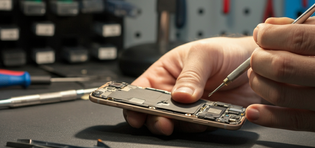 Technician repairing a smartphone charging port with precision tools in a clean repair shop.