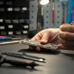 Technician repairing a smartphone charging port with precision tools in a clean repair shop.