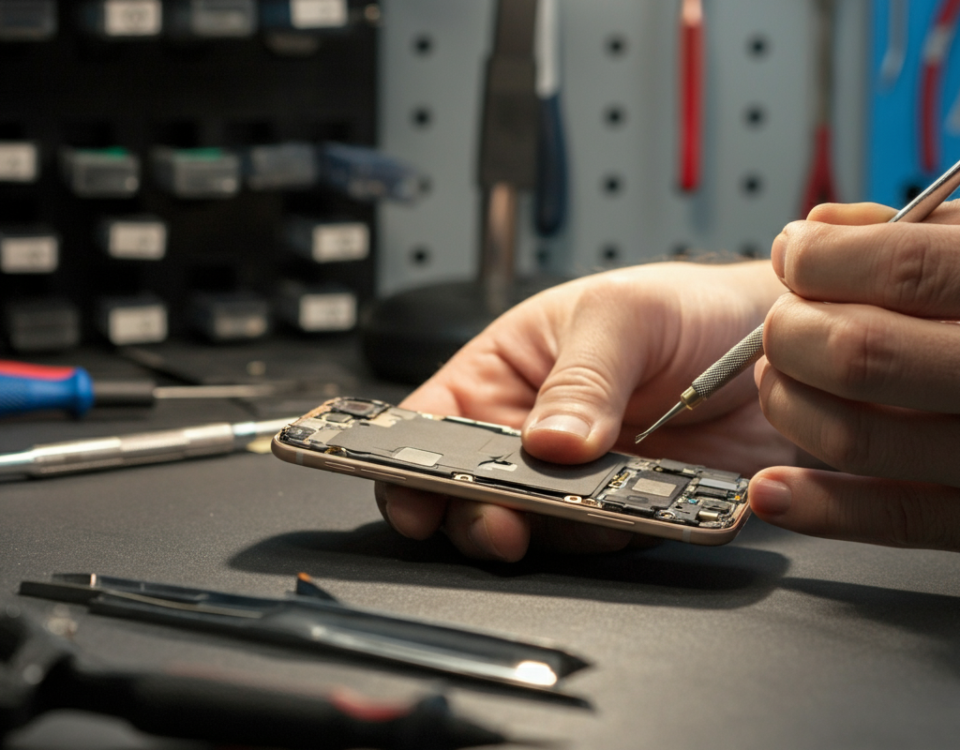 Technician repairing a smartphone charging port with precision tools in a clean repair shop.