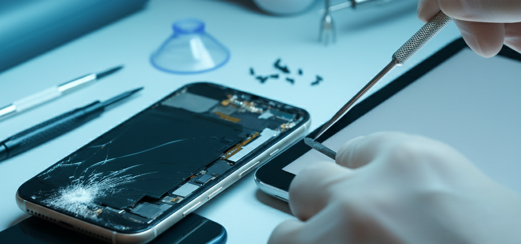 A cracked smartphone and a tablet surrounded by repair tools, showcasing professional device repair services in Brampton.