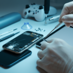 A cracked smartphone and a tablet surrounded by repair tools, showcasing professional device repair services in Brampton.