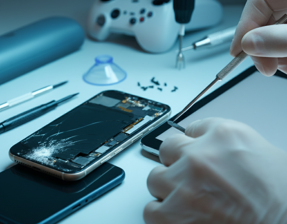 A cracked smartphone and a tablet surrounded by repair tools, showcasing professional device repair services in Brampton.