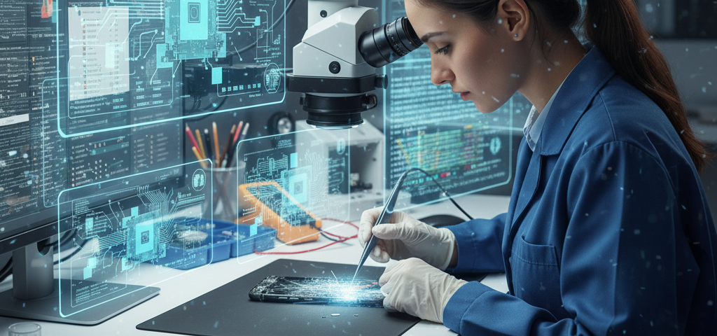 Human technician performing data recovery in a high-tech lab with glowing holographic interfaces.