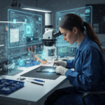 Human technician performing data recovery in a high-tech lab with glowing holographic interfaces.