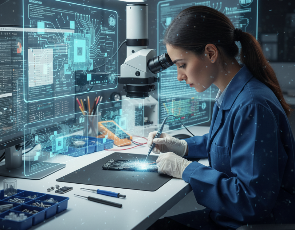 Human technician performing data recovery in a high-tech lab with glowing holographic interfaces.