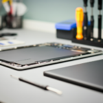 Professional MacBook repair services with tools and technicians.