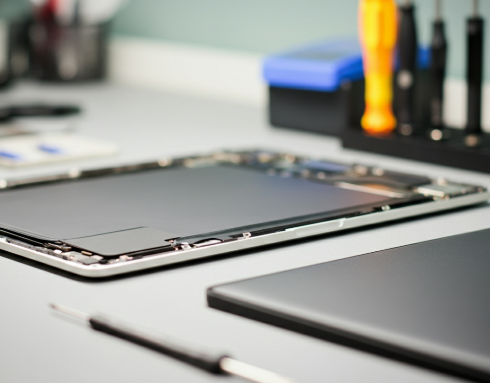 Professional MacBook repair services with tools and technicians.