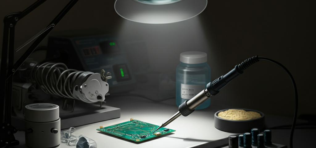 Image Alt Text (Primary Keyword): Microsoldering tools arranged for electronics repair
