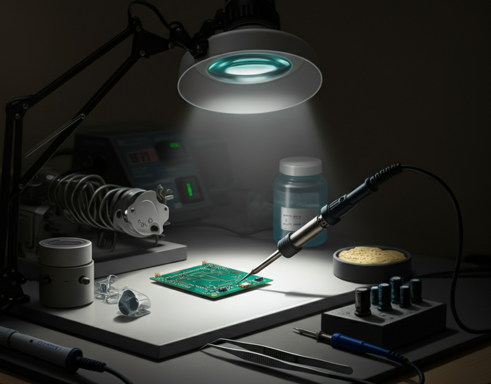 Image Alt Text (Primary Keyword): Microsoldering tools arranged for electronics repair