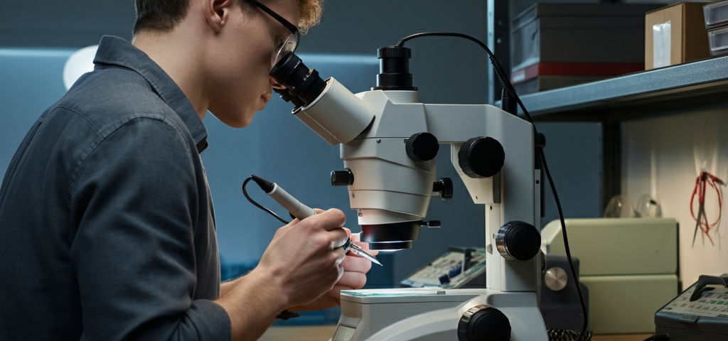 Person performing microsoldering under a microscope with precision tools on a well-lit workbench, showcasing the art of repairing electronics