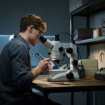 Person performing microsoldering under a microscope with precision tools on a well-lit workbench, showcasing the art of repairing electronics
