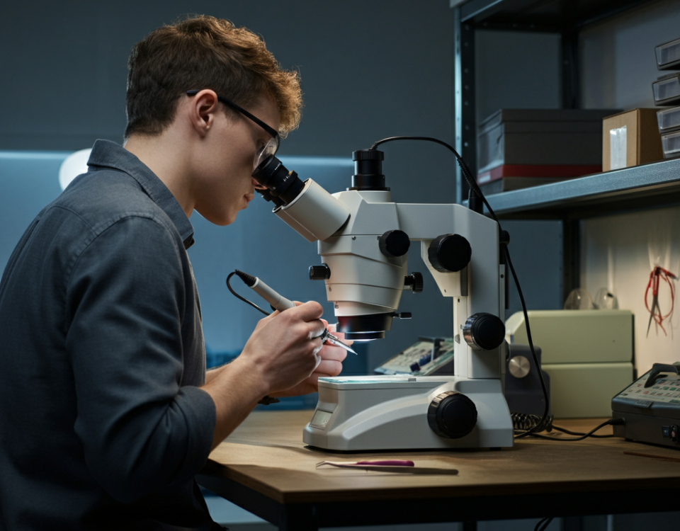 Person performing microsoldering under a microscope with precision tools on a well-lit workbench, showcasing the art of repairing electronics