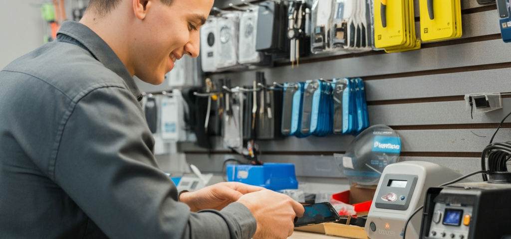Friendly technician repairing a smartphone in a modern phone repair shop in Brampton.