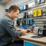 Friendly technician repairing a smartphone in a modern phone repair shop in Brampton.