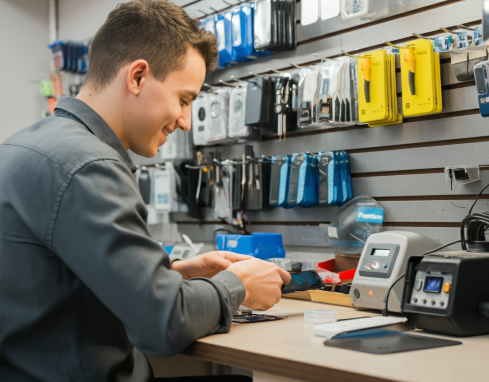Friendly technician repairing a smartphone in a modern phone repair shop in Brampton.