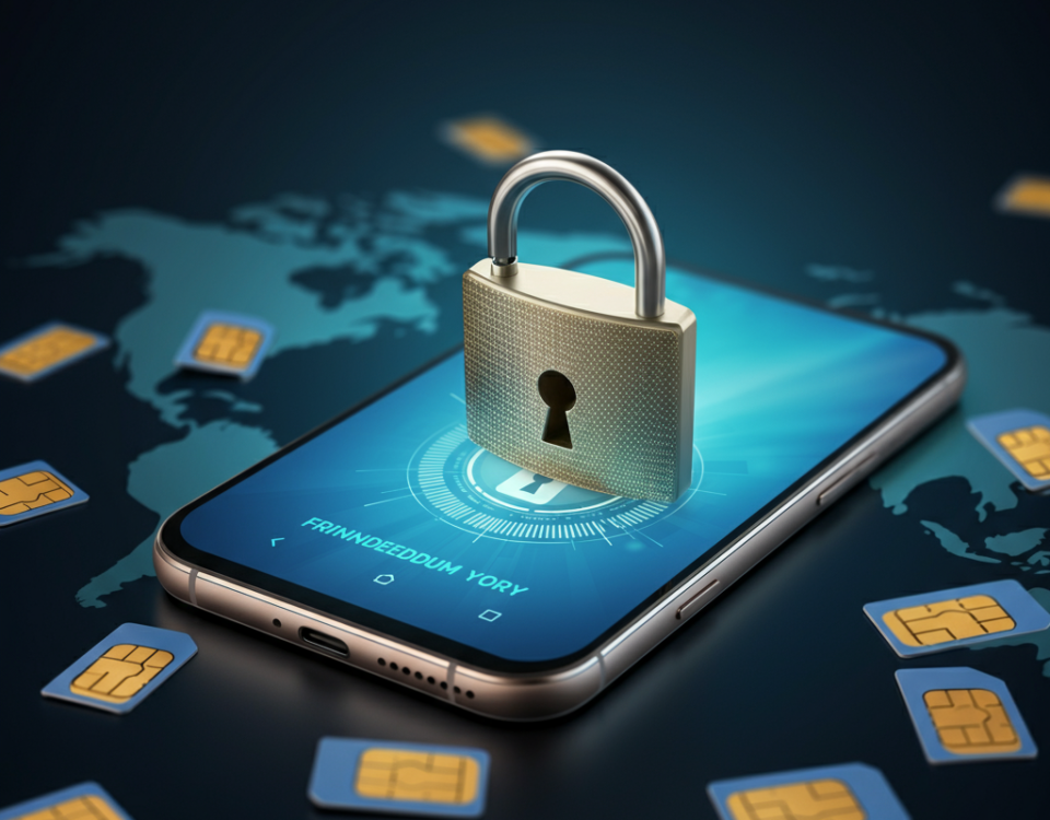 Smiling customer service representative holding a smartphone with a glowing unlocked padlock icon, symbolizing trusted cell phone unlocking services.