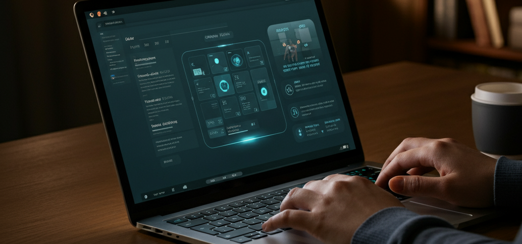 A professional woman using a laptop with a glowing futuristic operating system interface in a cozy, dimly lit home officeessional woman using a laptop with a glowing futuristic operating system interface in a dimly lit home office.
