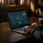 A professional woman using a laptop with a glowing futuristic operating system interface in a cozy, dimly lit home officeessional woman using a laptop with a glowing futuristic operating system interface in a dimly lit home office.