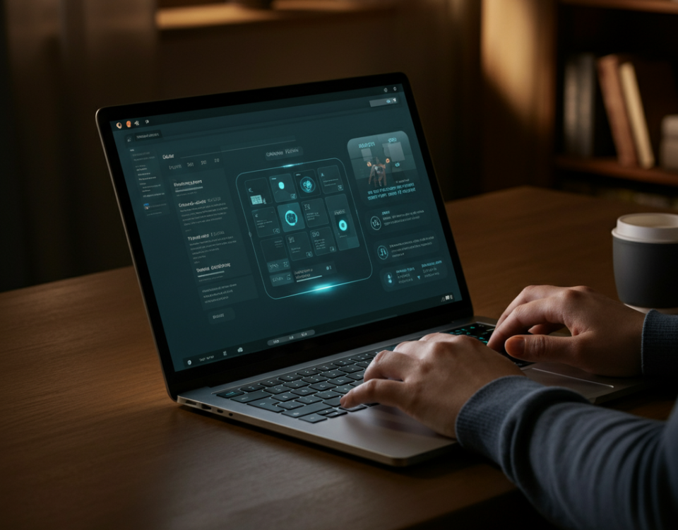 A professional woman using a laptop with a glowing futuristic operating system interface in a cozy, dimly lit home officeessional woman using a laptop with a glowing futuristic operating system interface in a dimly lit home office.