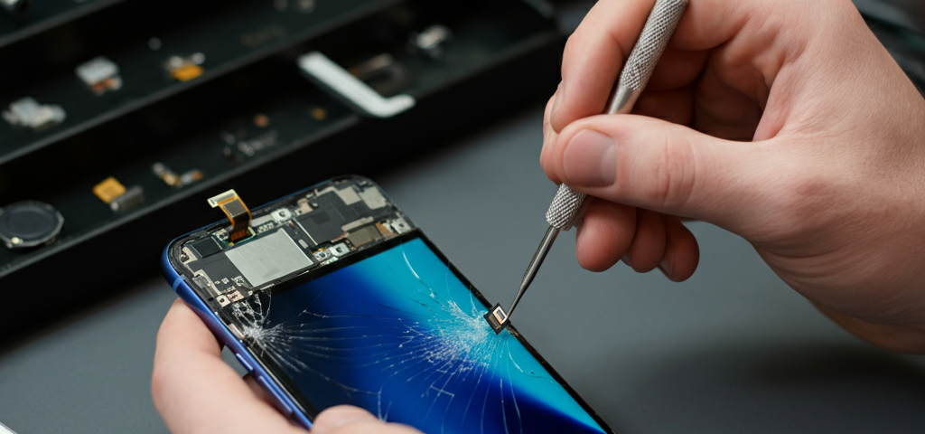 Technician performing Samsung glass replacement with precision tools on a cracked smartphone screen.