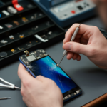 Technician performing Samsung glass replacement with precision tools on a cracked smartphone screen.