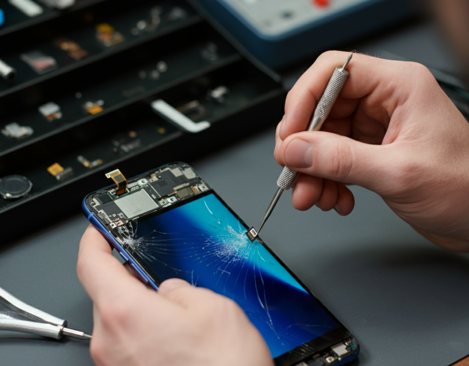 Technician performing Samsung glass replacement with precision tools on a cracked smartphone screen.