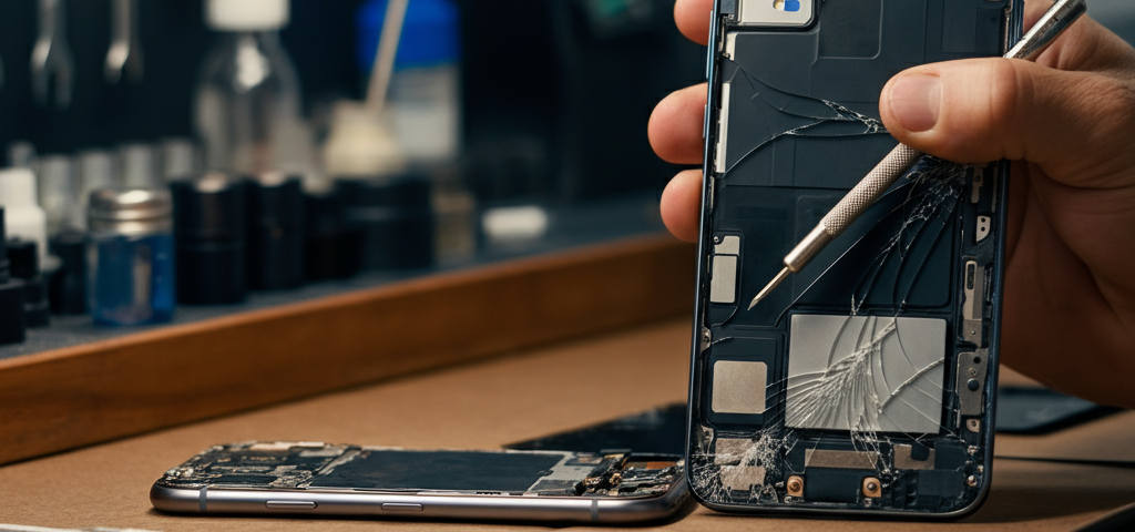 Smartphone back glass repair, professional technician, clean workshop, cracked phone repair, modern tools, expertise, Brampton repair services