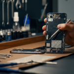 Smartphone back glass repair, professional technician, clean workshop, cracked phone repair, modern tools, expertise, Brampton repair services