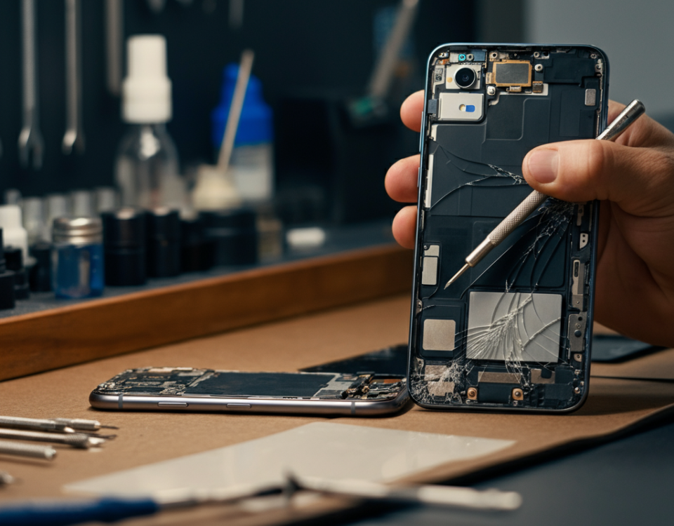 Smartphone back glass repair, professional technician, clean workshop, cracked phone repair, modern tools, expertise, Brampton repair services