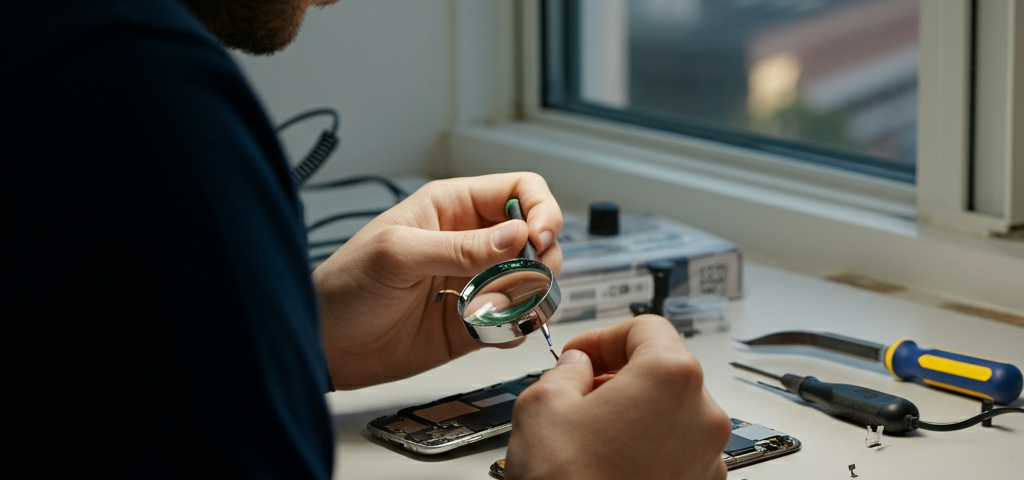 Technician repairing smartphone speaker and microphone, Brampton, tools, precision, clean workspace