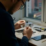 Technician repairing smartphone speaker and microphone, Brampton, tools, precision, clean workspace