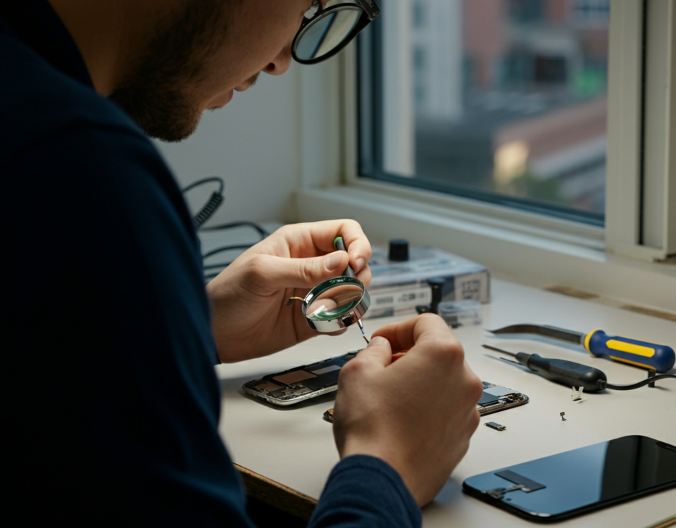 Technician repairing smartphone speaker and microphone, Brampton, tools, precision, clean workspace