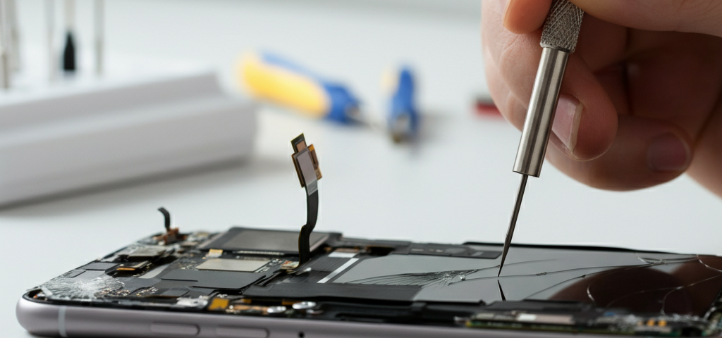 Technician repairing a smartphone with a cracked screen, precision tools, bright workspace, touch screen repair, Brampton, professional service.