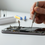 Technician repairing a smartphone with a cracked screen, precision tools, bright workspace, touch screen repair, Brampton, professional service.