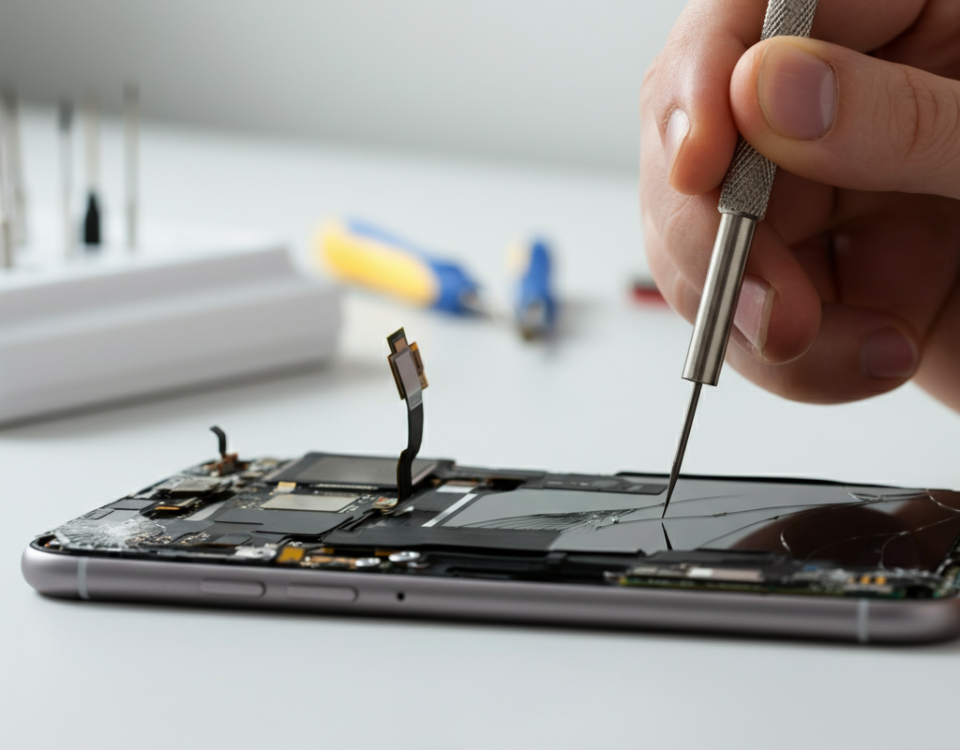 Technician repairing a smartphone with a cracked screen, precision tools, bright workspace, touch screen repair, Brampton, professional service.