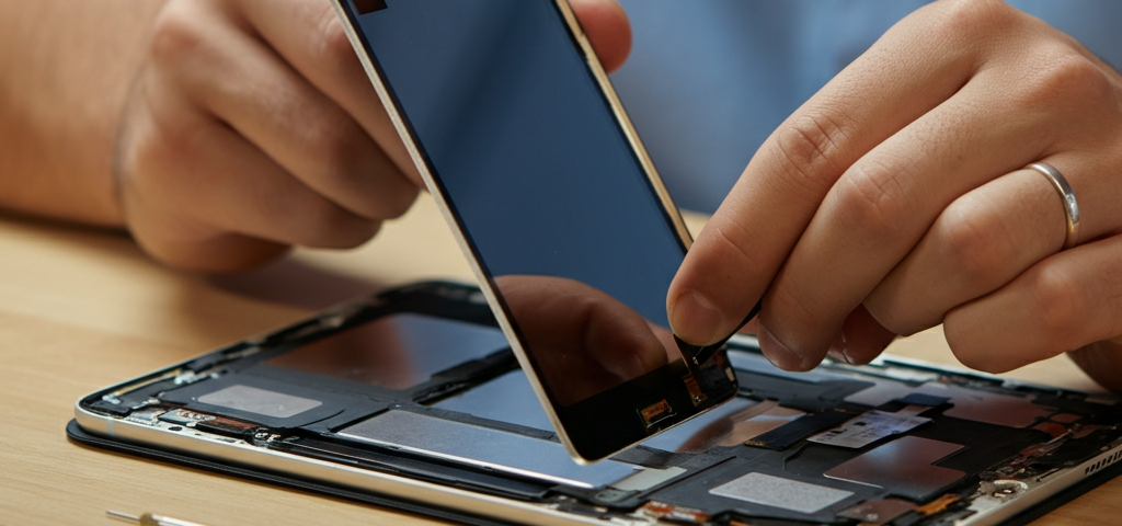 Professional technician repairing a cracked iPad screen in Brampton, showcasing high-quality and affordable iPad repair services.