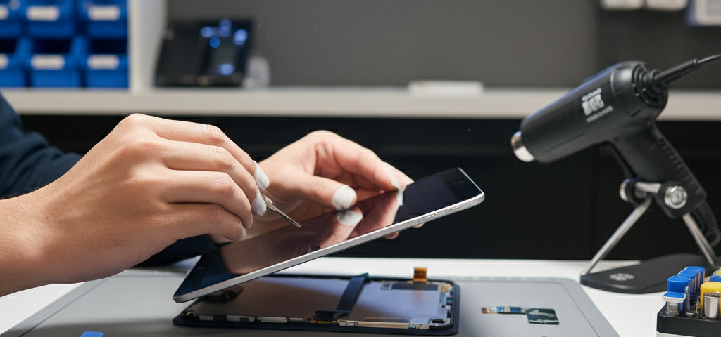 Close-up of a technician repairing an iPad screen in a professional repair shop in Brampton, showcasing precision tools and expertise, representing reliable iPad repair services.