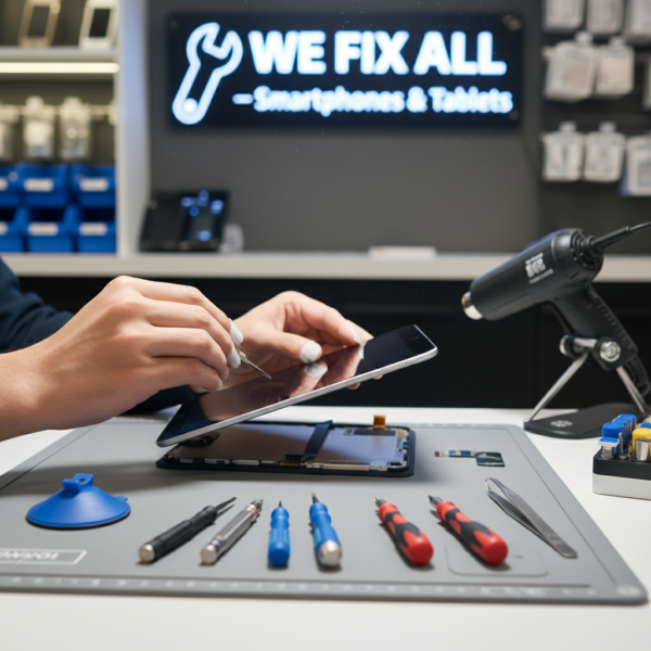 Close-up of a technician repairing an iPad screen in a professional repair shop in Brampton, showcasing precision tools and expertise, representing reliable iPad repair services.