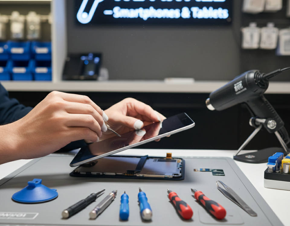 Close-up of a technician repairing an iPad screen in a professional repair shop in Brampton, showcasing precision tools and expertise, representing reliable iPad repair services.