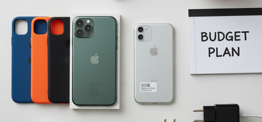 Flat-lay of iPhones (new, refurbished, and used) with accessories, a piggy bank, and a notepad labeled "Budget Plan," emphasizing choice and preparation.