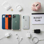 Flat-lay of iPhones (new, refurbished, and used) with accessories, a piggy bank, and a notepad labeled "Budget Plan," emphasizing choice and preparation.